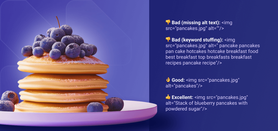alt text for SEO best practices: bad (missing alt text), bad (keyword stuffing), better (1 keyword), best (a full descriptive sentence with a keyword).