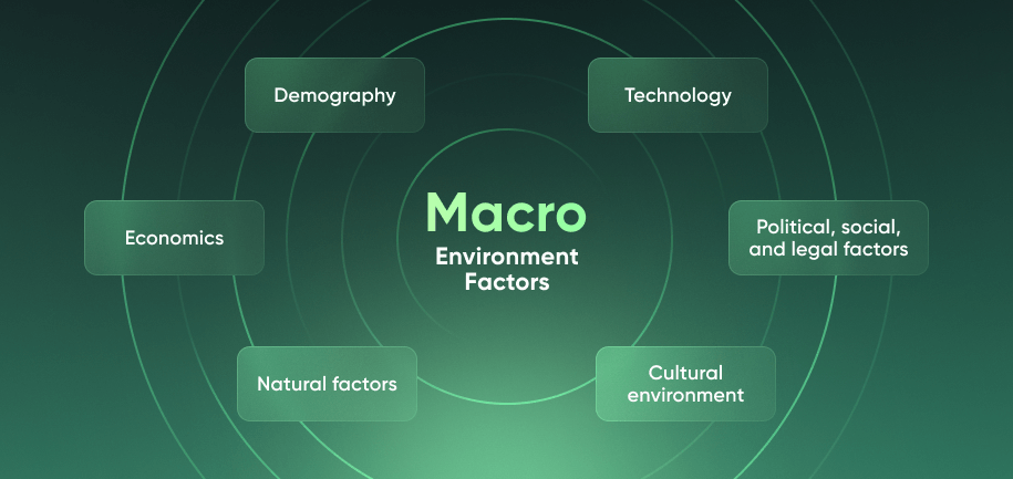 Macro Environment Factors Demography Economics Natural factors Technology Political, social, and legal factors Cultural environment