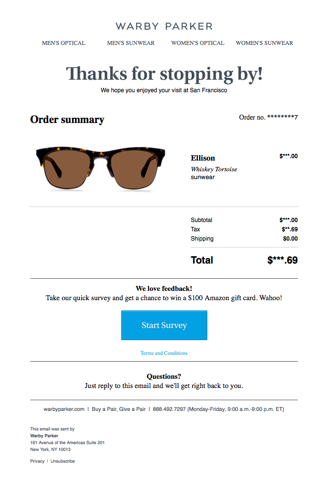 Warby Parker Post-Purchase Follow-Up Email