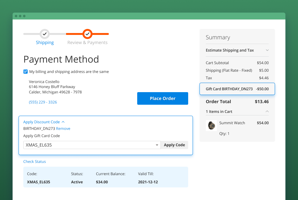 magento 2 gift card application on checkout
