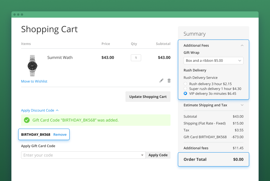 magento 2 gift card application for amasty extra fee
