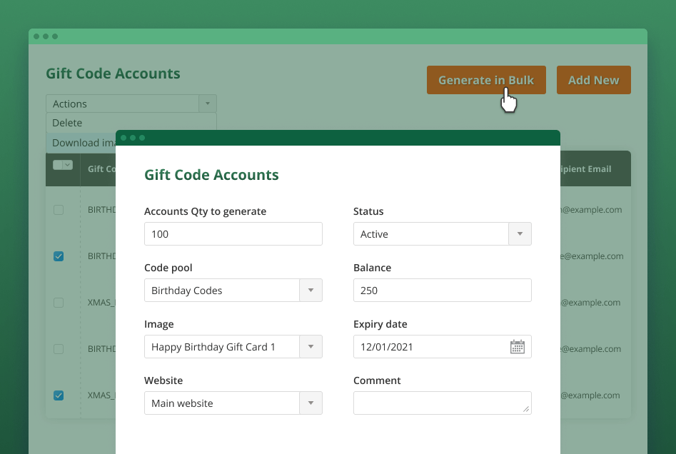 magento 2 gift card bulk accounts