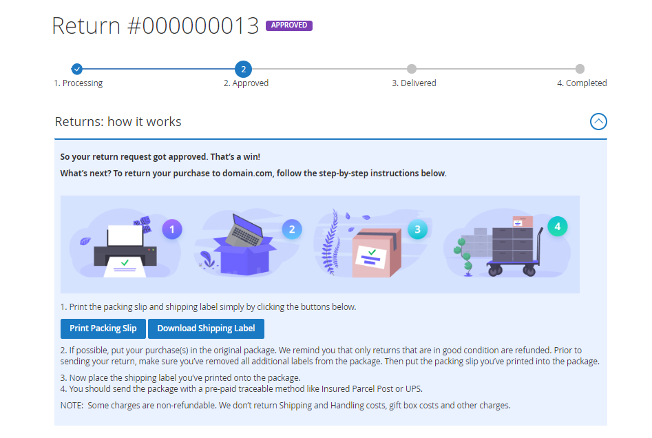 shipping label in customer account